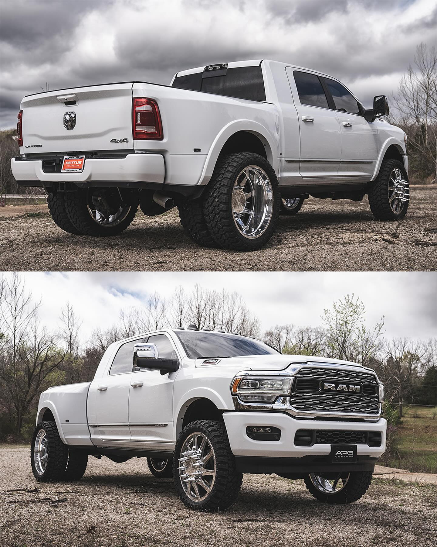 Two views of a white 2023 Ram 3500 Mega Cab Limited with chrome JTX wheels and Fury tires