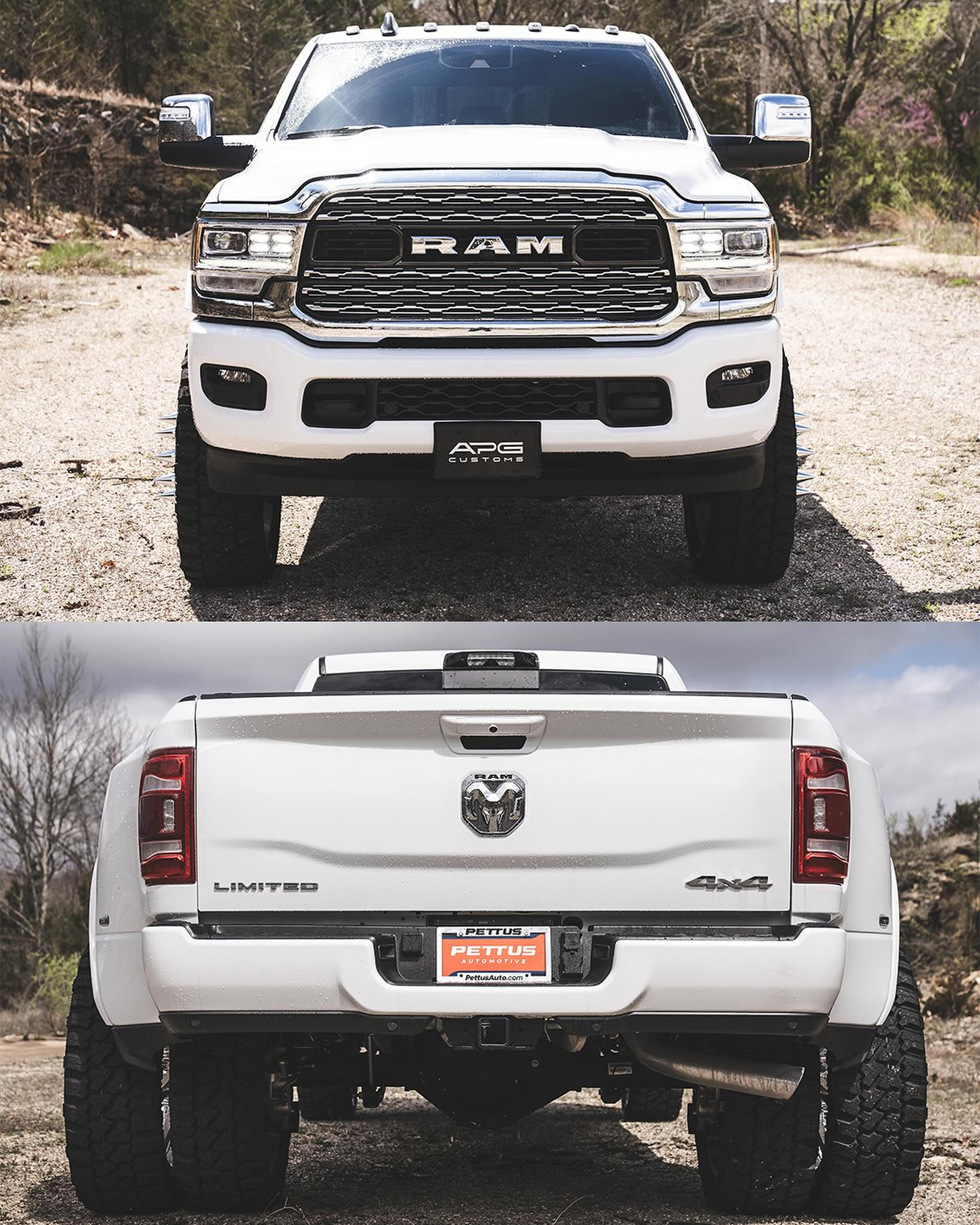 Front and rear views of the same white Ram 3500 Mega Cab Limited in APG Customs’ original carousel