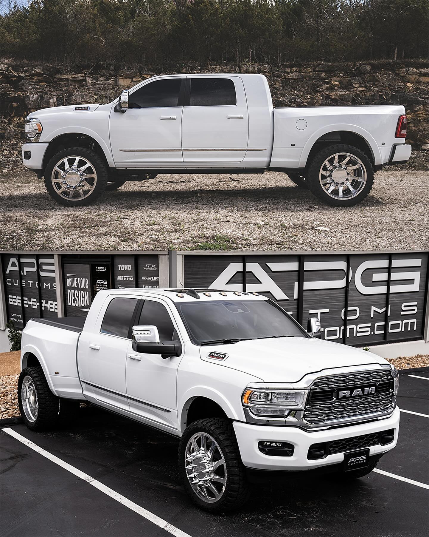 Side profile and shop view of the same white Ram 3500 Mega Cab Limited